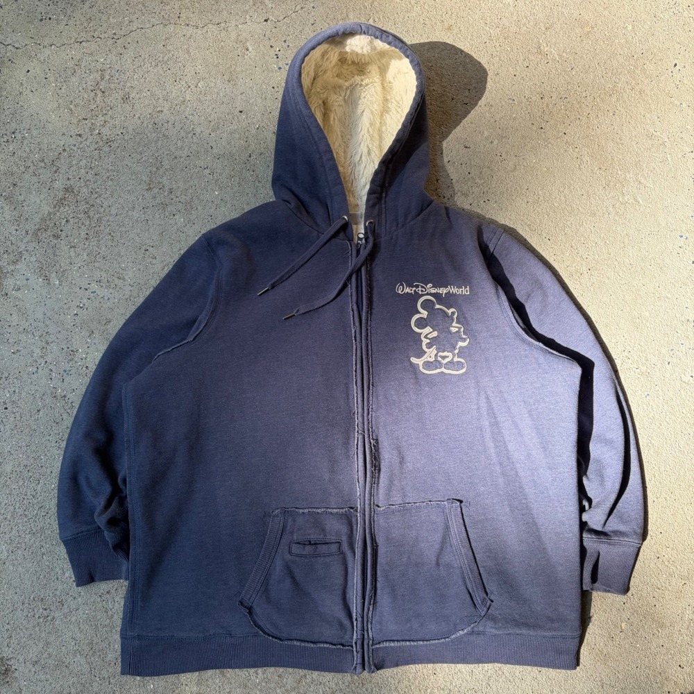 Walt Disney World Mickey Mouse Sherpa Lined Zip Hoodie Navy Blue 2X 71 Graphic